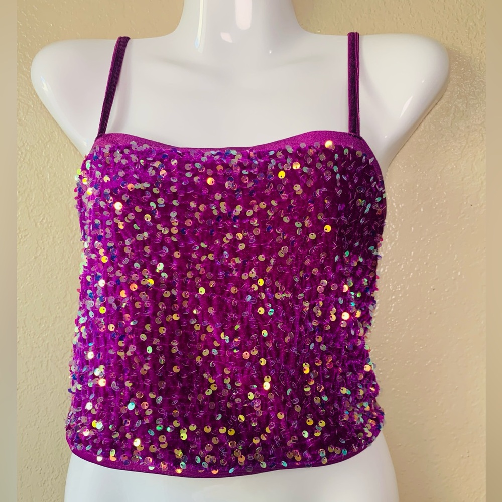 ALLEGRA K Purple Sequin Sparkle Spaghetti Strap Club Party Cami Top Size L
